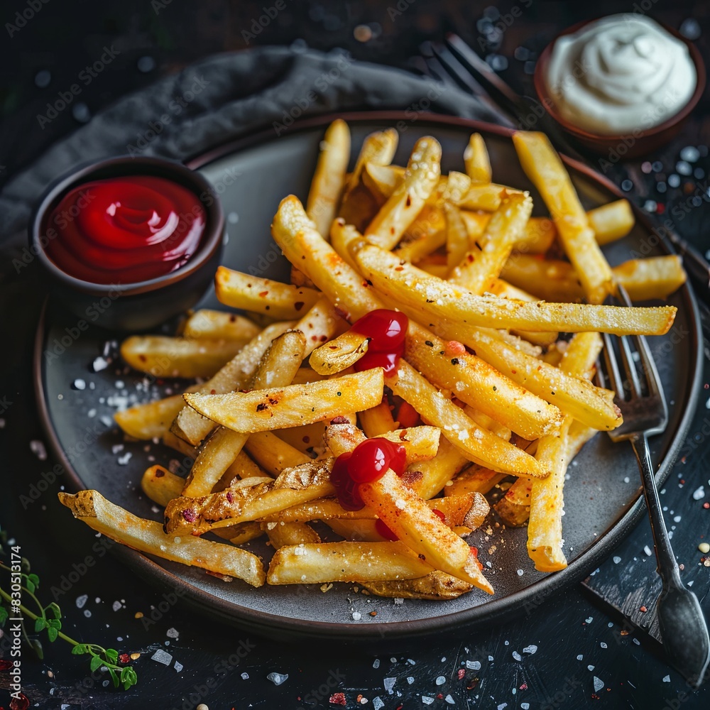 A plate of golden French fries with ketchup and mayonnaise A plate of golden French fries with ketchup and mayonnaise