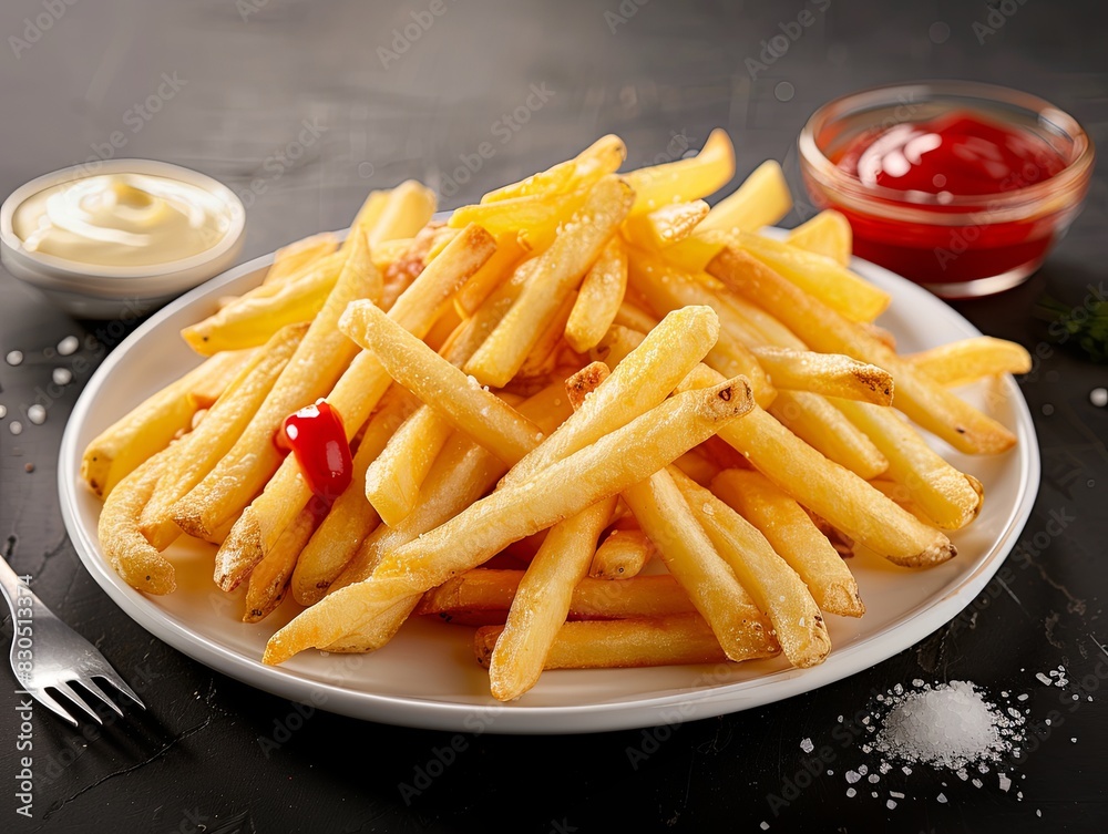 A plate of golden French fries with ketchup and mayonnaise A plate of golden French fries with ketchup and mayonnaise
