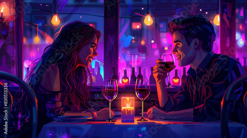 An illustration of a trendy woman having a romantic candlelit dinner with her partner in vibrant colors and high resolution.