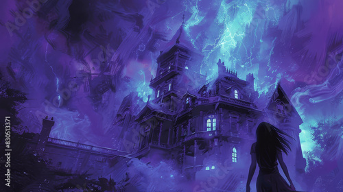 Dive into a haunting adventure with a stylish woman exploring a spooky mansion filled with ghostly apparitions. photo