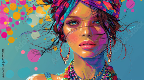 Vibrant and stylish illustration of a trendy woman in bohemian fashion with a headband and layered necklaces.