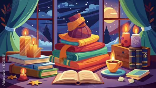 Cozy Evening Reading by Candlelight with Books and Hot Beverage