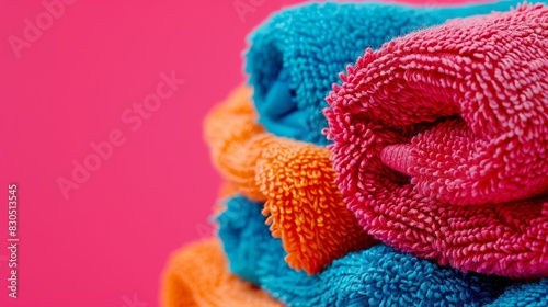  A pile of colorful towels sits on a pink and blue background, with pink walls visible behind