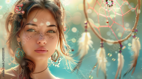 Illustration of a trendy woman with a bohemian dreamcatcher, freespirited and mystical vibes, featuring soft colors. photo