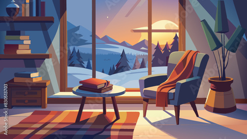 Cozy Winter Interior with Scenic Mountain View at Sunset