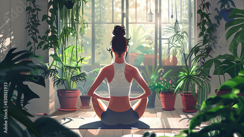 Illustration of a stylish woman with yoga mat, embodying mindfulness and balance, in high resolution.