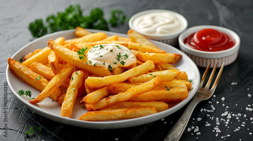 Fries on the plate with mayonnaise and ketchup Fries on the plate with mayonnaise and ketchup