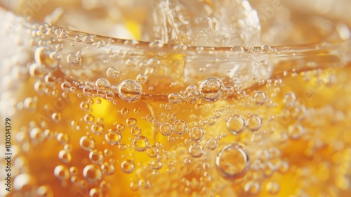  A tight shot of beer bubbles above ice cubes in a glass, surrounded by softly blurred bottom bubbles