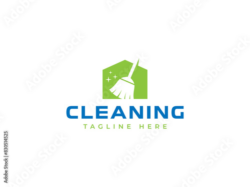 cleaning service logo vector illustration. house with broom logo template
