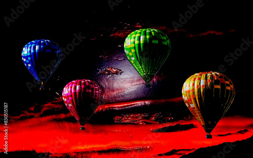 3D,beautiful colorful hot air balloons fly to freedom at sunset as night falls photo