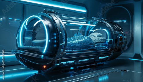 A futuristic medical pod with a patient inside, glowing with blue lights.