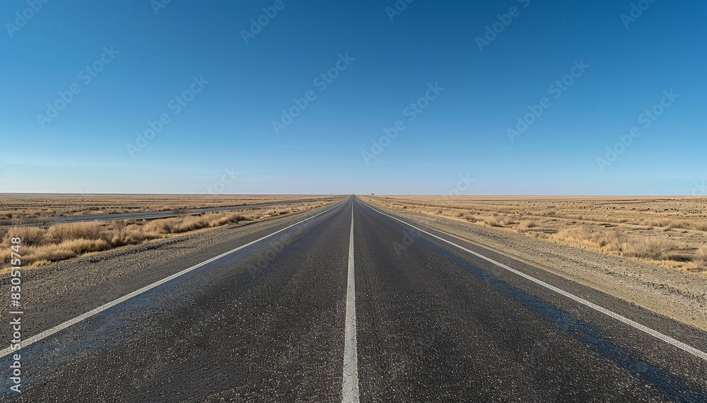 A long, straight road stretches into the distance under a clear blue sky. The road is lined with white lines, and the surrounding landscape is flat and barren.