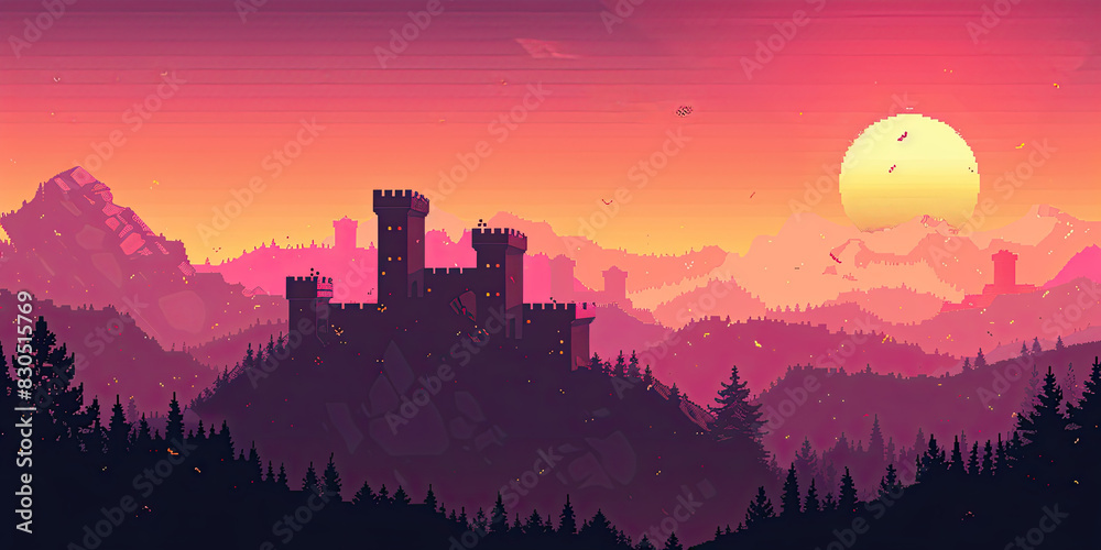 Fototapeta premium Castle background video game style illustration castles towers 8-bit, vintage computer graphics, generated ai 