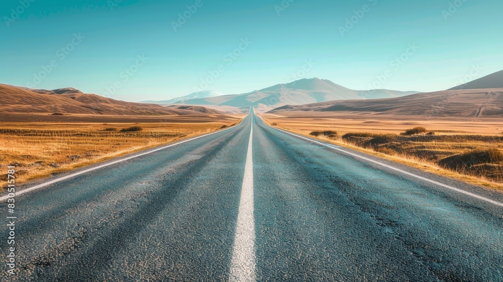 A long, straight asphalt road stretches out through a vast, dry landscape, leading towards distant mountains
