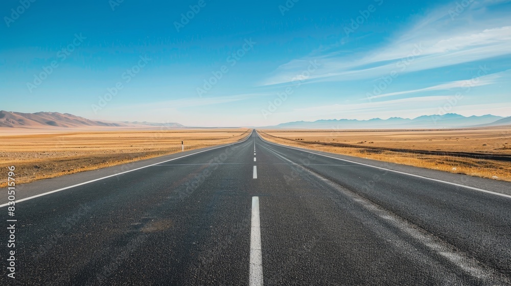 A long, straight road stretches into the horizon under a clear blue sky.  The road is surrounded by a vast desert landscape.