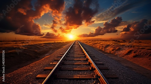 A long railroad track extends towards a brilliant sunset, with dramatic clouds in the sky. The image evokes themes of journey, hope, and the unknown. photo
