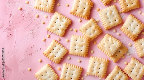  A group of crackers sits atop a pink surface, beside a cup of coffee A pink napkin supports the coffee, not resting directly on the crackers