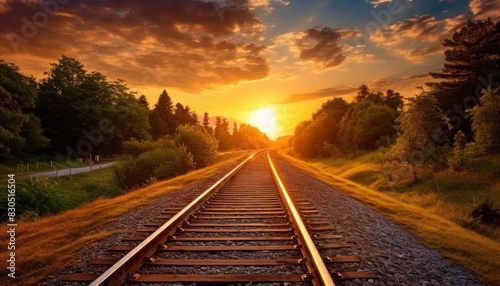 A scenic railroad track stretches towards a vibrant sunset, with trees lining the sides.