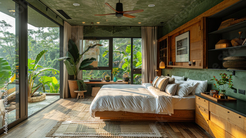 Natural green shade bedroom of a house villa resort by lush jungle