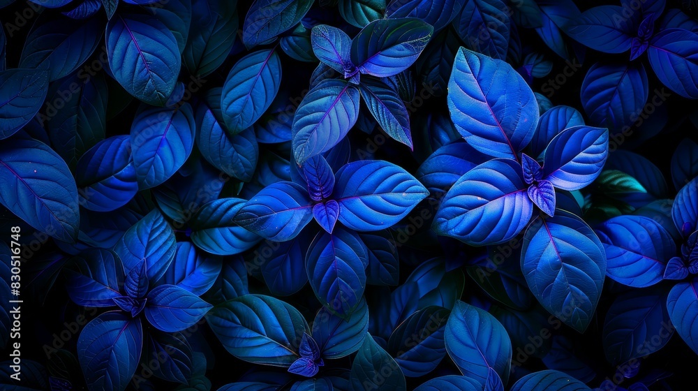 A cluster of blue blooms adhered to a wall of azure foliage Green leaves crowned the upper parts of their petals, while the undersides were edged with A cluster of blue blooms adhered to a wall of azure foliage Green leaves crowned the upper parts of their petals, while the undersides were edged with