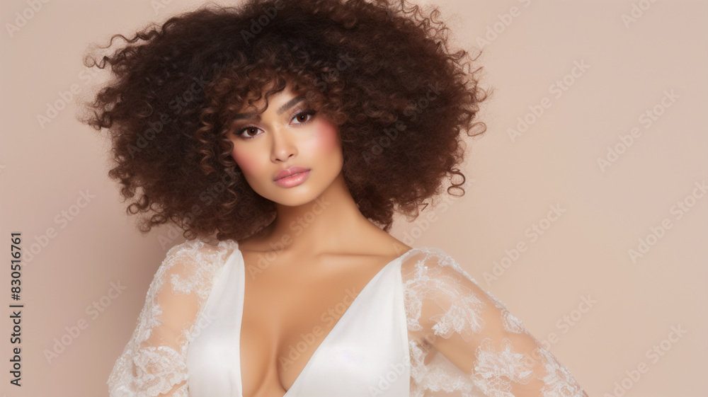 Studio portrait of a light skinned African American woman wearing a lace and satin gown. An expansive head of brown hair. Studio portrait of a light skinned African American woman wearing a lace and satin gown. An expansive head of brown hair.