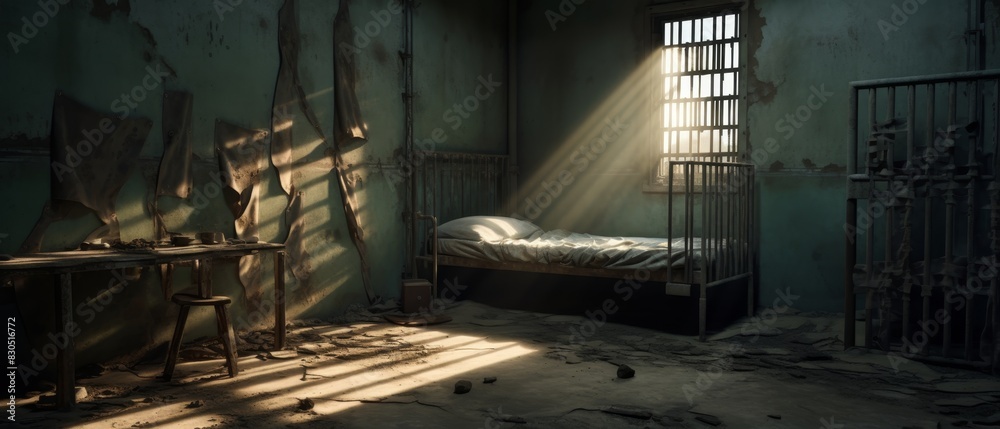 A single bed sits in a dark, abandoned room with bars on the windows and a single ray of light streaming in.