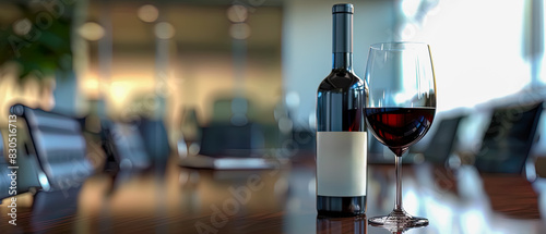 Bottle of red wine and wine glass on table in office room, blurred background