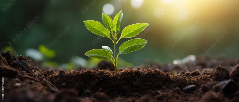 A small green plant grows in rich soil, bathed in soft sunlight. A small green plant grows in rich soil, bathed in soft sunlight.