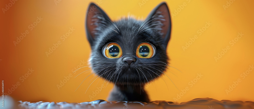 A cartoon cat with yellow eyes is looking at the camera