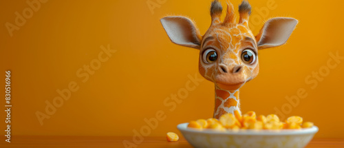 A funny giraffe is eating corn from a bowl