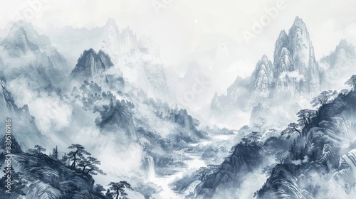 Elegant landscape depiction of misty mountains and a winding river in Chinese ink painting art photo