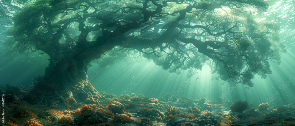 Fototapeta premium Large tree surrounded by lush green forest, sunlight shining through the leaves
