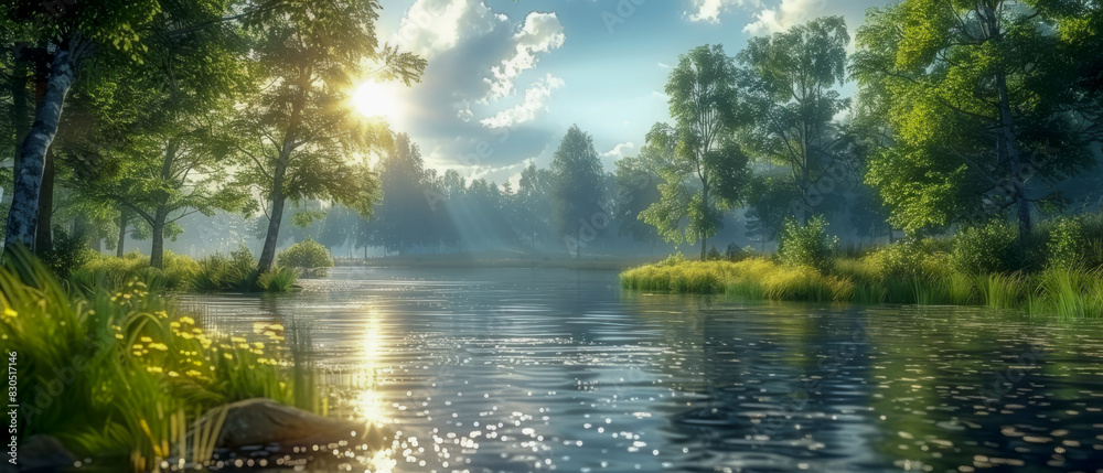 Obraz premium A beautiful scene of a river with trees and a sun shining on the water