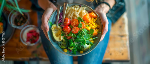 A person is holding a bowl of food that contains vegetables and pasta photo