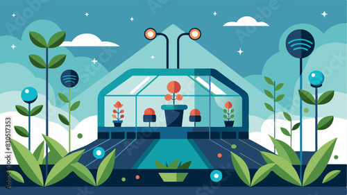 In a futuristic greenhouse eVTOLs equipped with sensors and scanners monitor the health of each individual plant adjusting conditions as needed for optimal growth.. Vector illustration