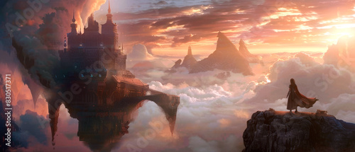 A fantasy scene with a castle and a woman standing on a mountain, spooky vibe
