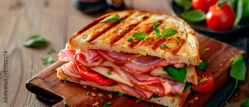 Fresh sandwich with Serrano ham, cheese and tomato on wooden cutting board
