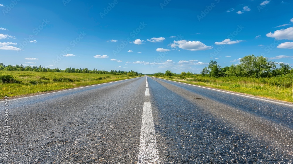 A straight asphalt road stretches towards a blue sky with white clouds, flanked by green fields.