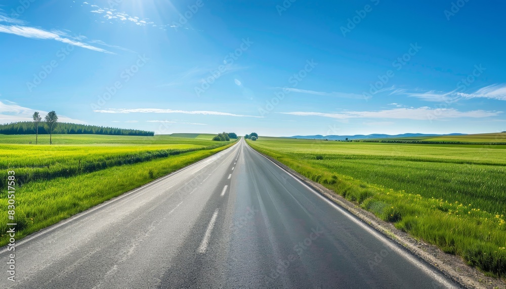 A straight road stretches into the distance, lined by lush green fields under a bright blue sky. A straight road stretches into the distance, lined by lush green fields under a bright blue sky.