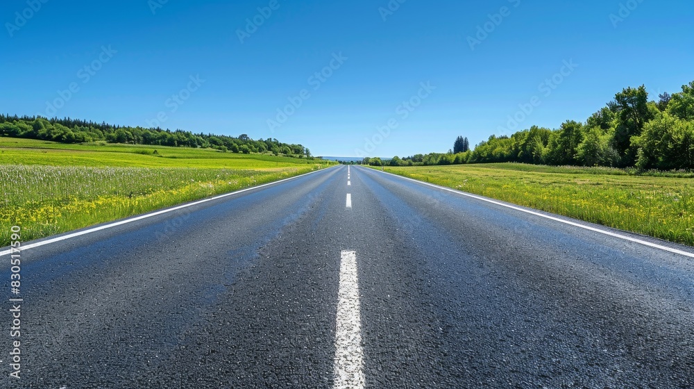 A straight asphalt road stretches towards a horizon of green fields and blue sky. A straight asphalt road stretches towards a horizon of green fields and blue sky.