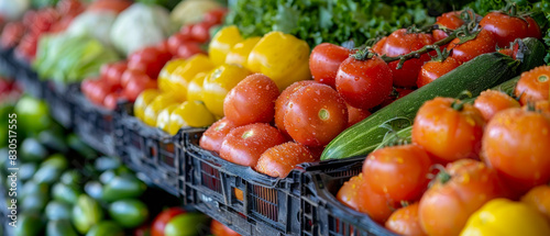 A colorful display of vegetables and fruits, including tomatoes, peppers photo