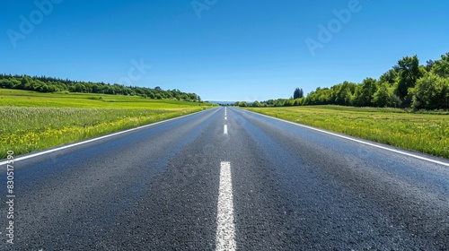 A straight asphalt road stretches towards a horizon of green fields and blue sky.