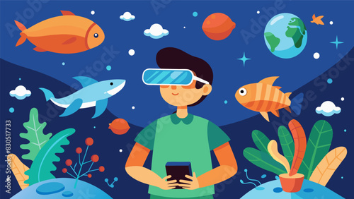 A student is immersed in a virtual reality environment learning about different ecosystems and their inhabitants.. Vector illustration