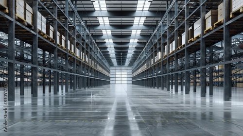 A vast, empty warehouse with rows of metal shelves, bathed in sunlight streaming through skylights photo