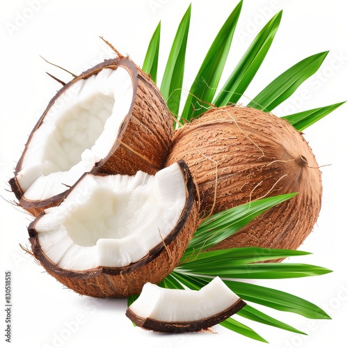 Coconuts with leaves on a white background.