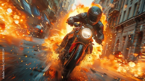 Motorcyclist in explosive action sequence