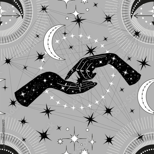 Seamless pattern with hands of fortune teller, crescent and mystical symbols. Tattoo, poster or altar print design concept; esoteric, wicca and gothic background