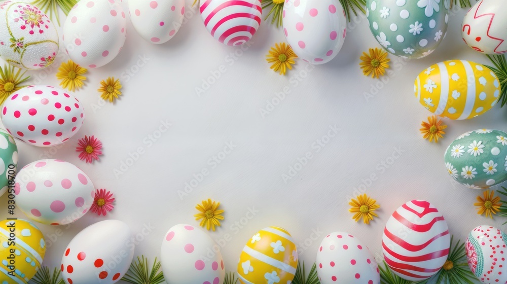 Easter eggs and daisy flowers on white