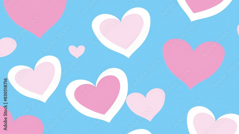   A cluster of pink and white hearts on a blue canvas with pink and white hearts on a lighter blue backdrop