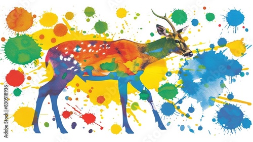  A deer painting with splattered paint on its body and antlers on its back